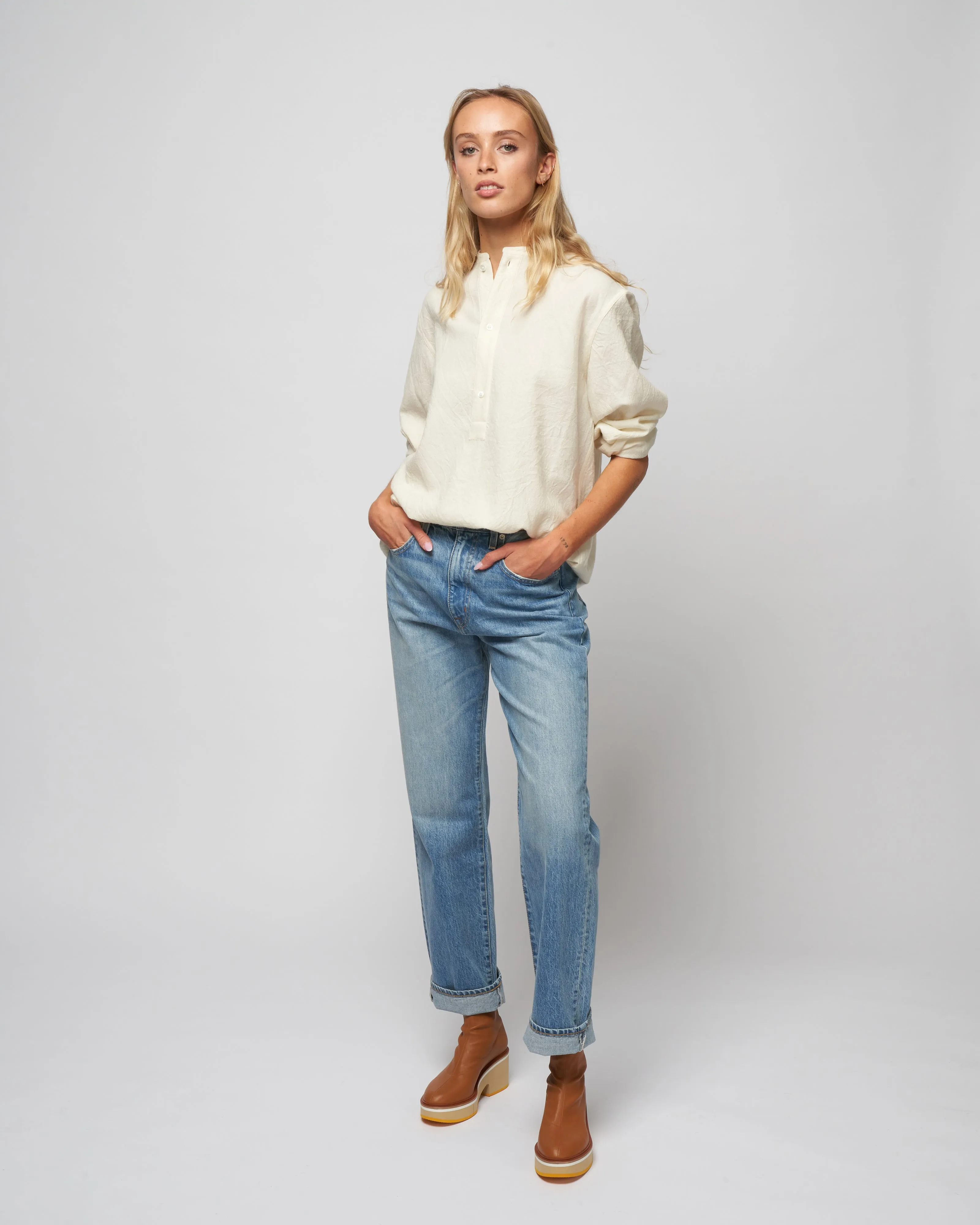 washed wool henley - woven wool white