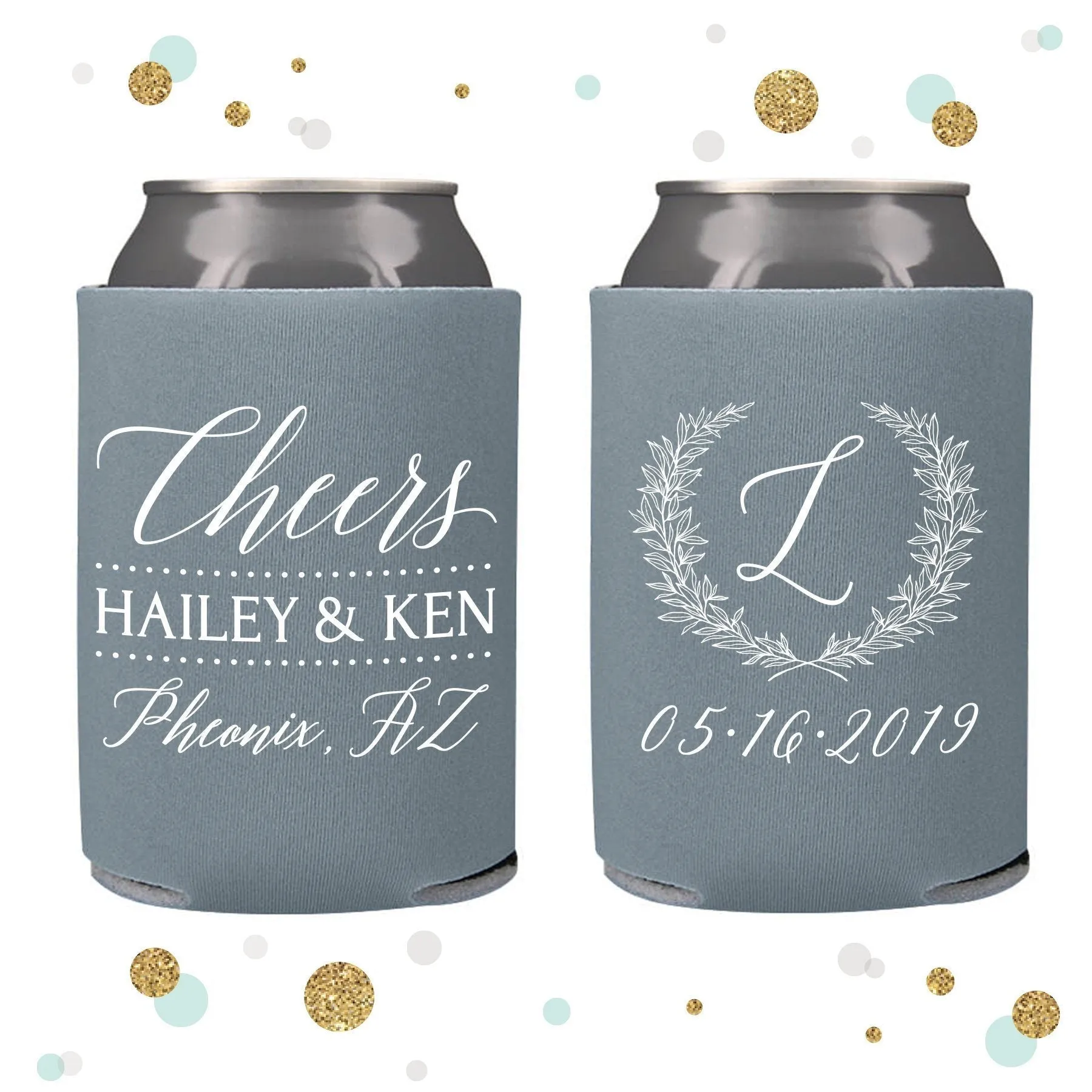 Wedding Can Cooler #120R - Monogram Wreath