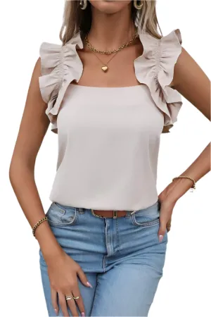 Women Solid Ruffle Trim Sleeveless Top