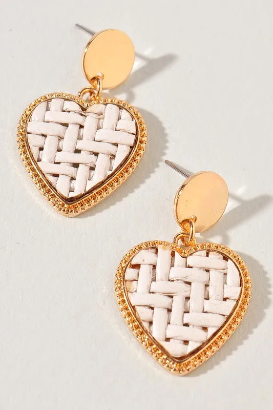 Woven Heart Drop Earrings - White