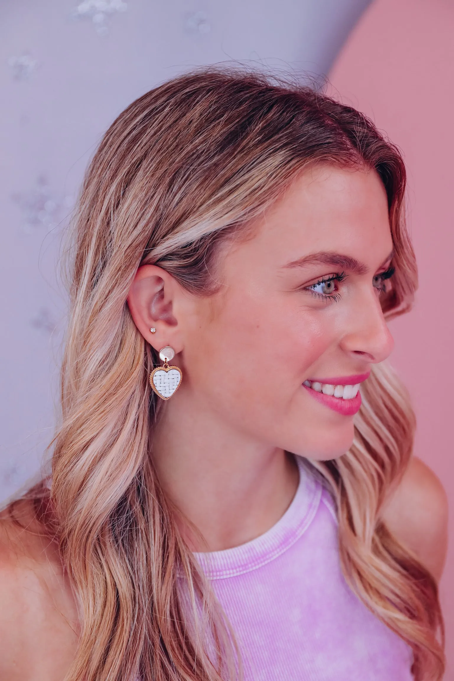 Woven Heart Drop Earrings - White