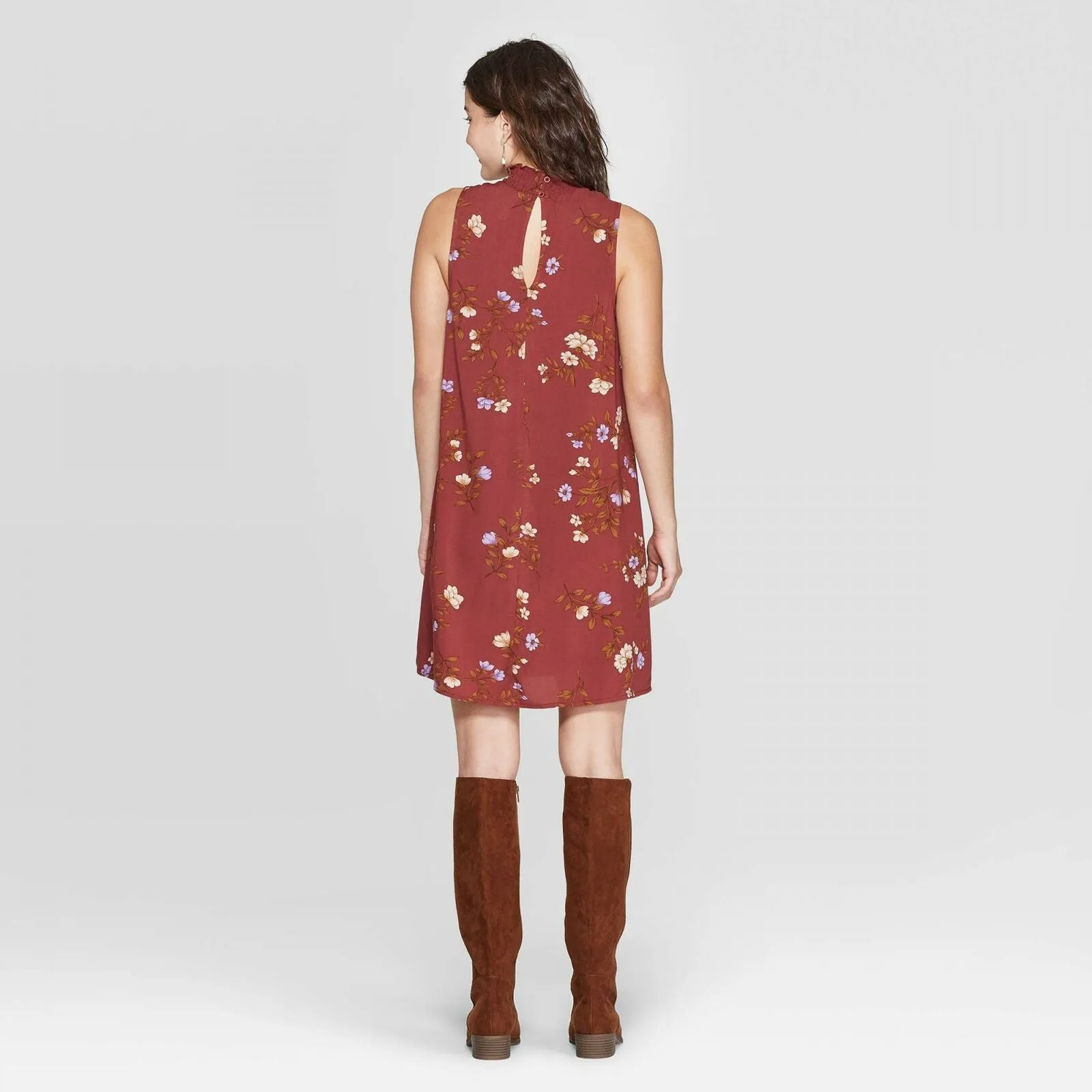 Xhilaration Women's Floral Print Sleeveless High Neck Shift Mini Dress